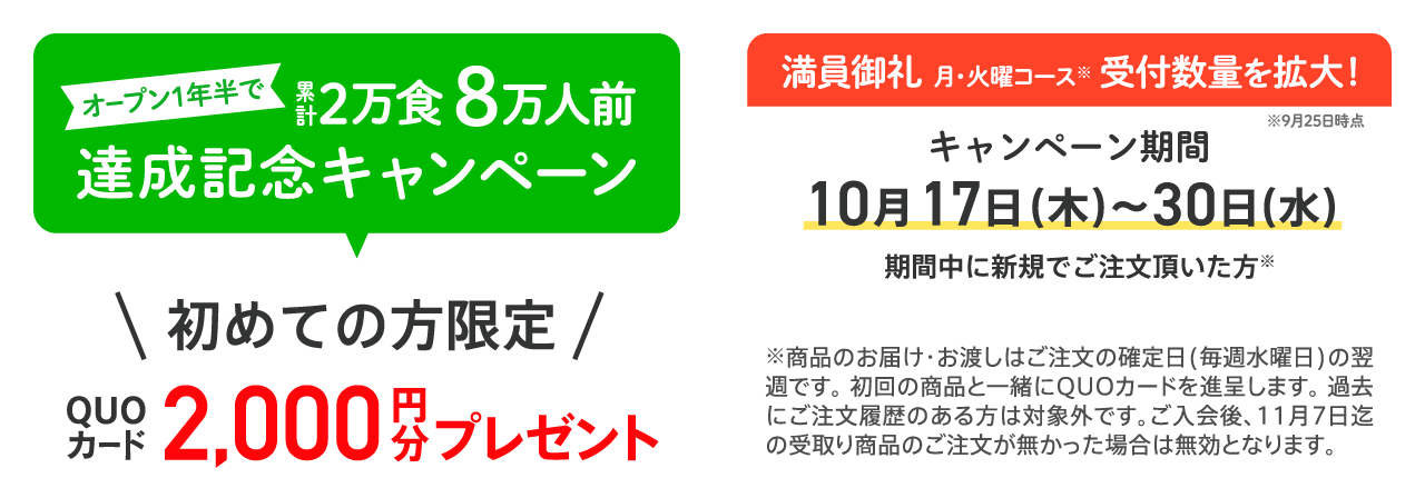 オープン1年半で累計2万食、8万人前達成キャンペーン。初めての方限定、QUOカード2000円分プレゼント。満員御礼、月・火曜コース※受付数量を拡大！（※9月25日時点）、キャンペーン期間は10月17日（木）〜30日（水）、期間中に新規でご注文いただいた方※。※商品のお届け・お渡しはご注文の確定日（毎週水曜日）の翌週です。初回の商品と一緒にQUOカードを進呈します。過去にご注文履歴のある方は対象外です。ご入会後、11月7日迄の受取り商品のご注文がなかった場合は無効となります。