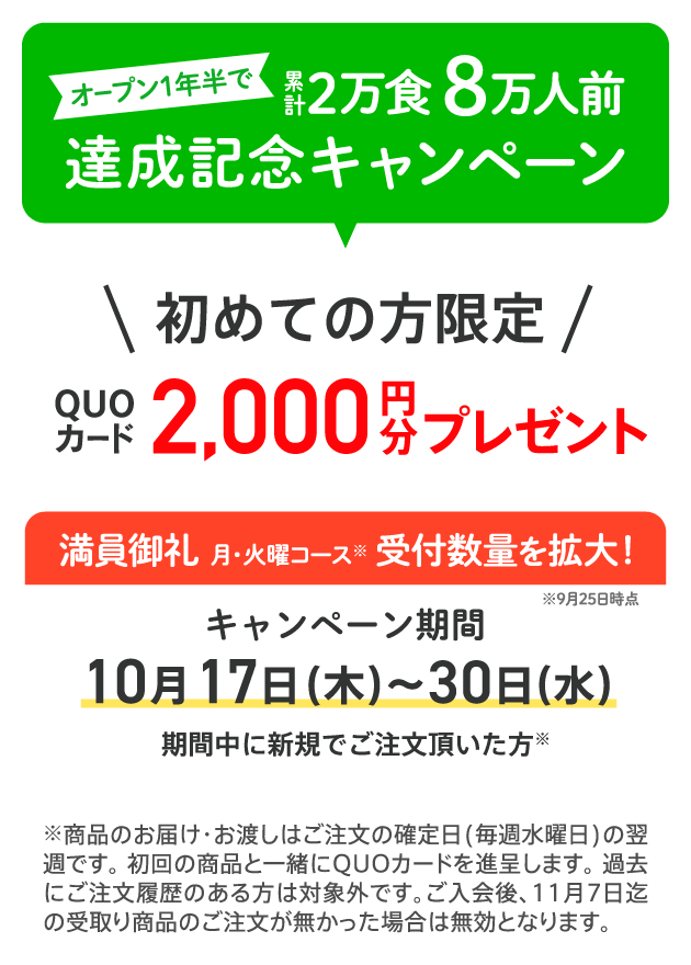 オープン1年半で累計2万食、8万人前達成キャンペーン。初めての方限定、QUOカード2000円分プレゼント。満員御礼、月・火曜コース※受付数量を拡大！（※9月25日時点）、キャンペーン期間は10月17日（木）〜30日（水）、期間中に新規でご注文いただいた方※。※商品のお届け・お渡しはご注文の確定日（毎週水曜日）の翌週です。初回の商品と一緒にQUOカードを進呈します。過去にご注文履歴のある方は対象外です。ご入会後、11月7日迄の受取り商品のご注文がなかった場合は無効となります。