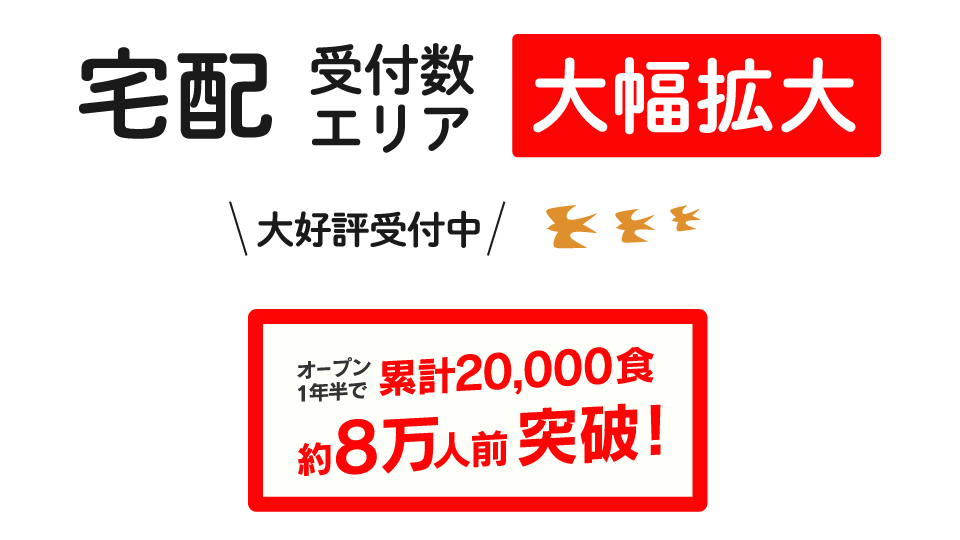 宅配受付数エリア、大幅拡大。大好評受付中。オープン1年半で累計2万食、約8万人前突破