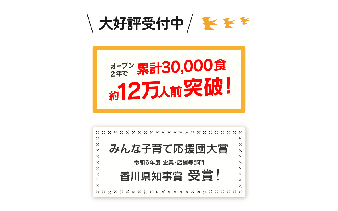 オープン2年で累計3万食、約12万人前突破、みんな子育て応援団大賞 令和6年度 企業・店舗等部門 香川県知事賞 受賞
